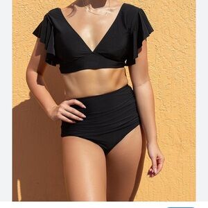 SPORLIKE Women Ruffle High Waist Swimsuit Two Pieces Black Bikini NWT Size S